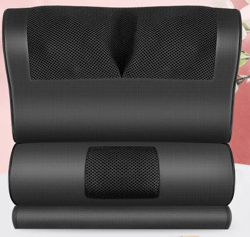 Black cervical spine massager pillow with 8 massage heads, infrared therapy, and AC power for home sleep neck relief