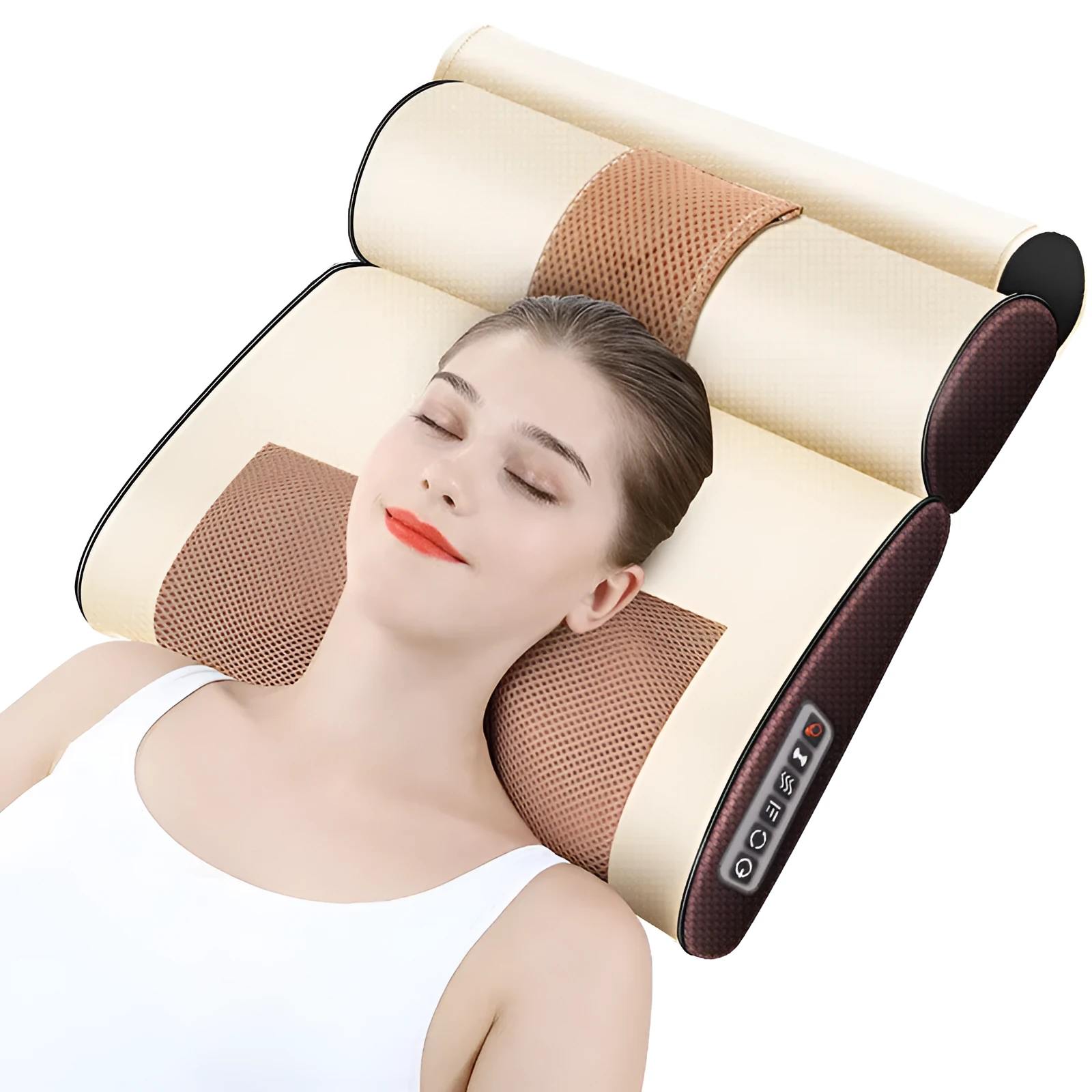Black cervical spine massager pillow with 8 massage heads, infrared therapy, and AC power for home sleep neck relief