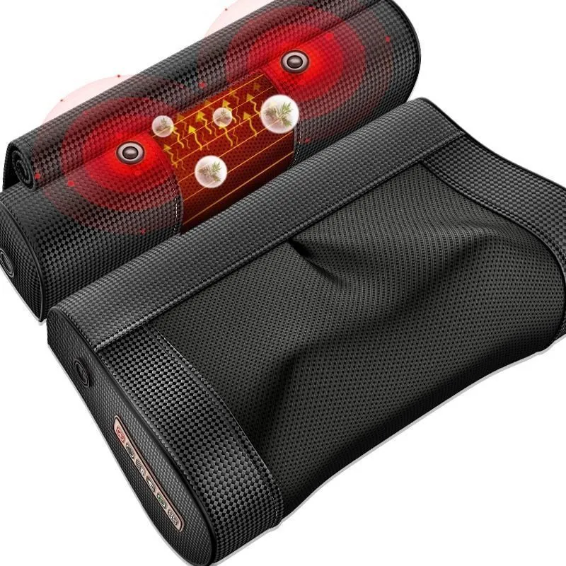 Black cervical spine massager pillow with 8 massage heads, infrared therapy, and AC power for home sleep neck relief