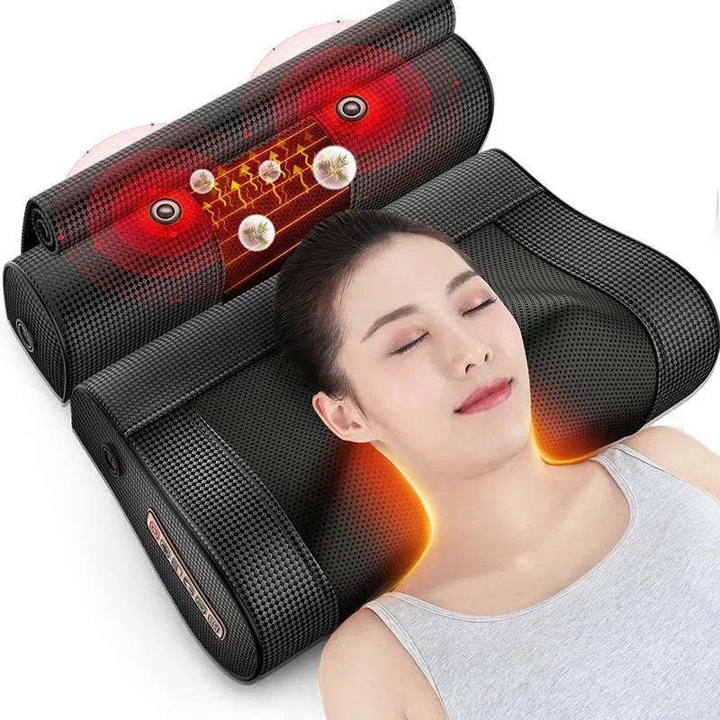 Black cervical spine massager pillow with 8 massage heads, infrared therapy, and AC power for home sleep neck relief