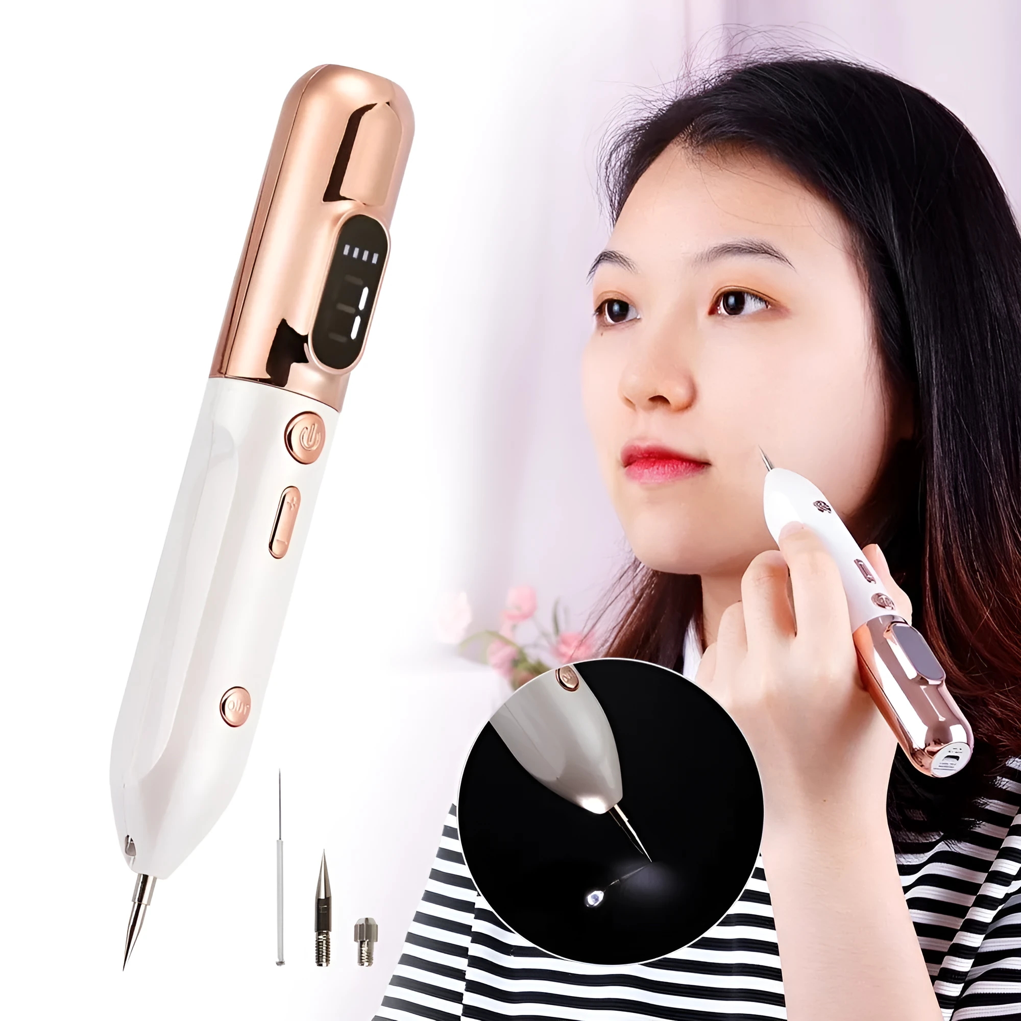 Blue light acne beauty instrument removal pen set with cooling gel and needles on a table