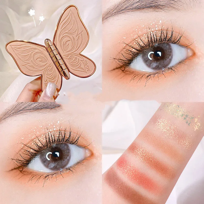 Butterfly-shaped 6-colour eyeshadow palette with matte and glitter shades in pink, yellow, purple and brown