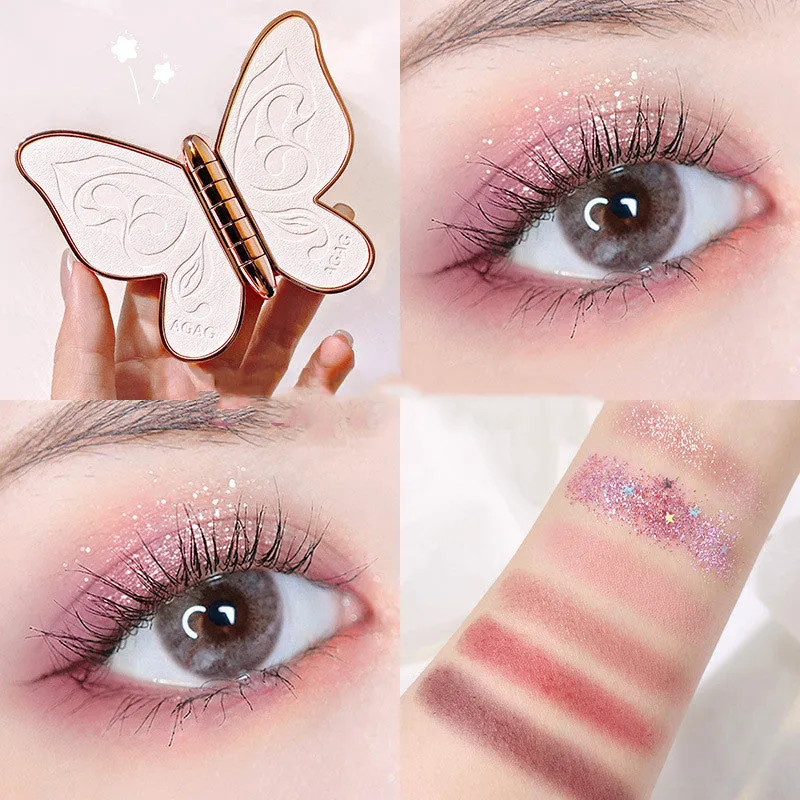 Butterfly-shaped 6-colour eyeshadow palette with matte and glitter shades in pink, yellow, purple and brown