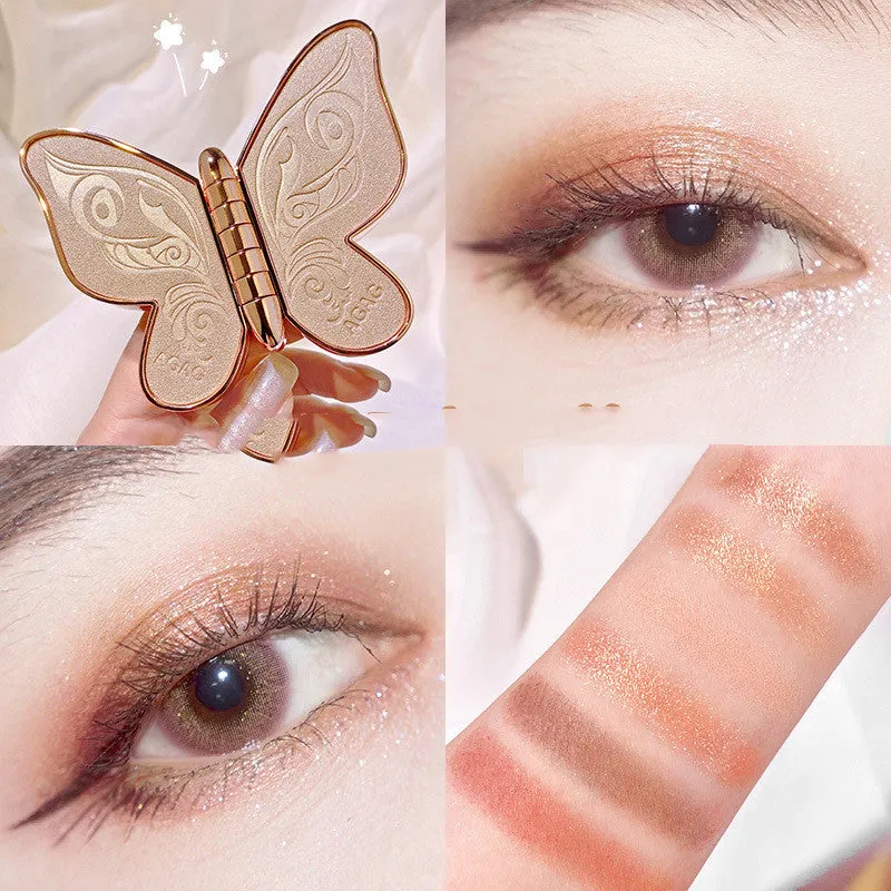 Butterfly-shaped 6-colour eyeshadow palette with matte and glitter shades in pink, yellow, purple and brown