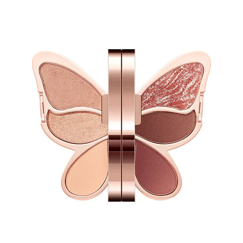 Butterfly-shaped 6-colour eyeshadow palette with matte and glitter shades in pink, yellow, purple and brown