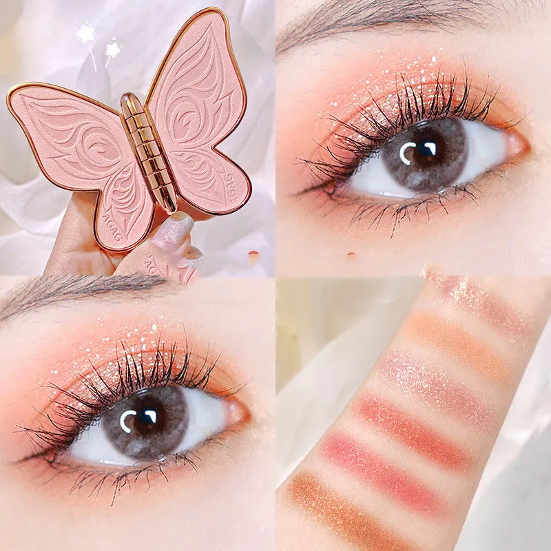 Butterfly-shaped 6-colour eyeshadow palette with matte and glitter shades in pink, yellow, purple and brown