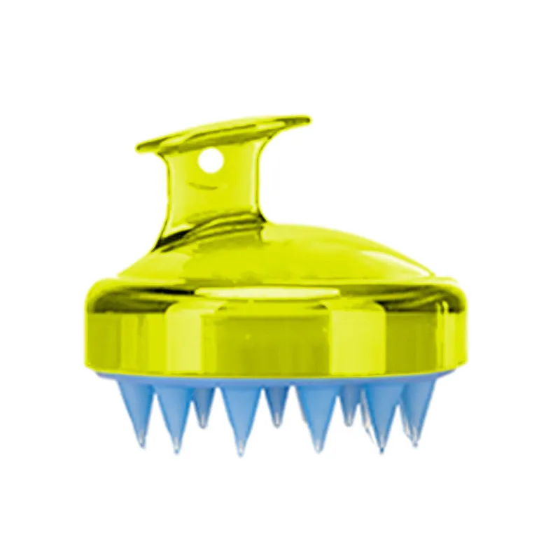 Massage shampoo brush with silicone bristles in solid colour, compact size 8x6.7x3 cm