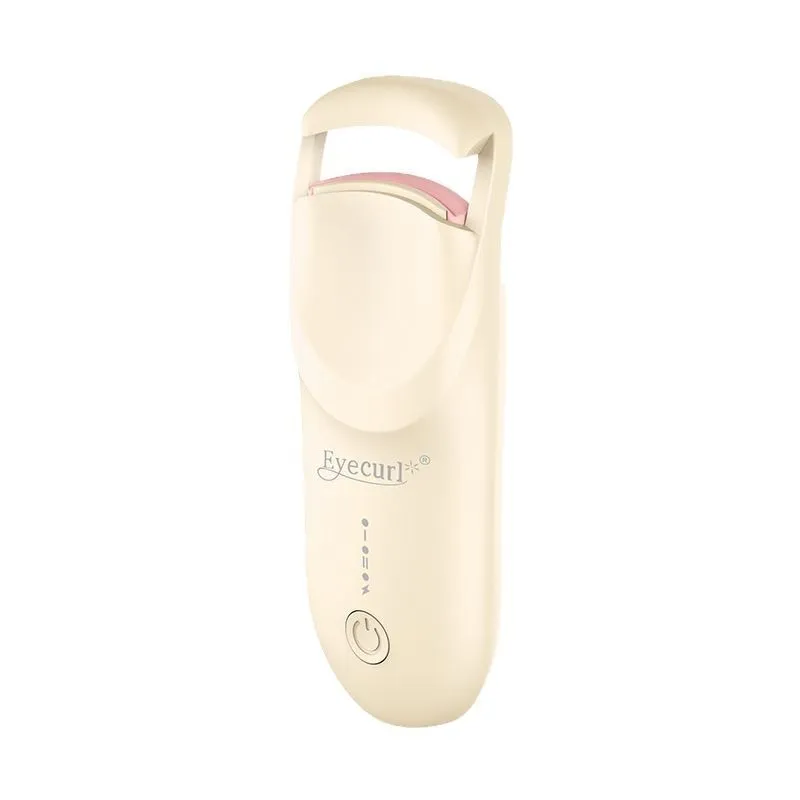 Electric USB-rechargeable eyelash curler in cream white, pink, and apricot colour options.