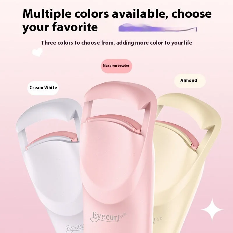 Electric USB-rechargeable eyelash curler in cream white, pink, and apricot colour options.