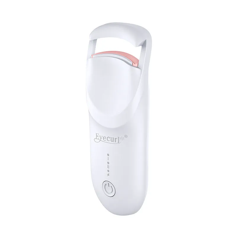 Electric USB-rechargeable eyelash curler in cream white, pink, and apricot colour options.