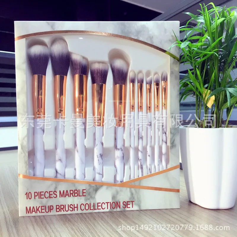 10-piece marble pattern makeup brush set with bag including large and small synthetic bristle brushes