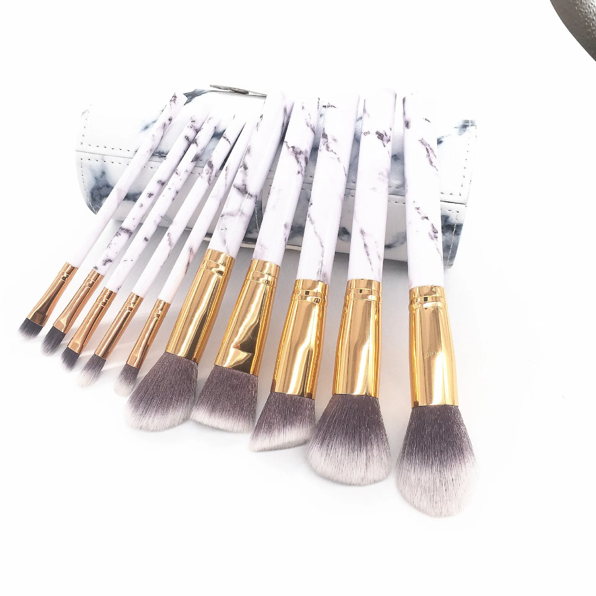 10-piece marble pattern makeup brush set with bag including large and small synthetic bristle brushes