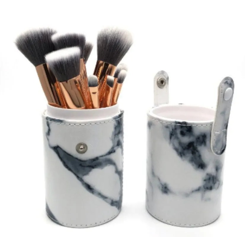 10-piece marble pattern makeup brush set with bag including large and small synthetic bristle brushes
