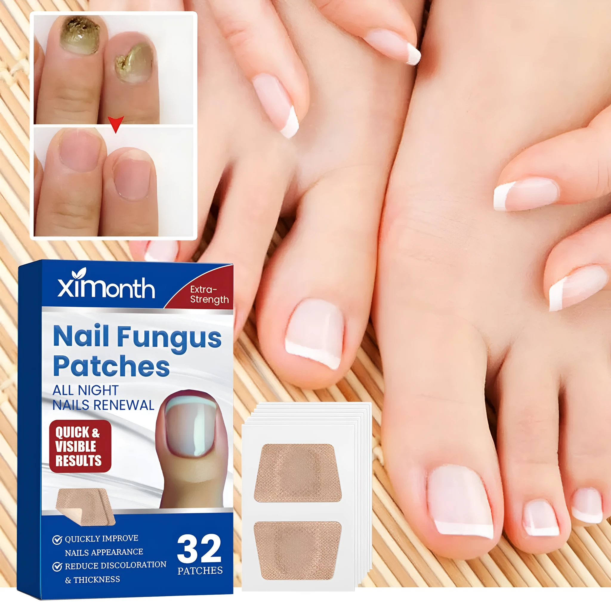 Box of 32 nail repair adhesive bandage patches for cracked nails, shown with one patch removed.