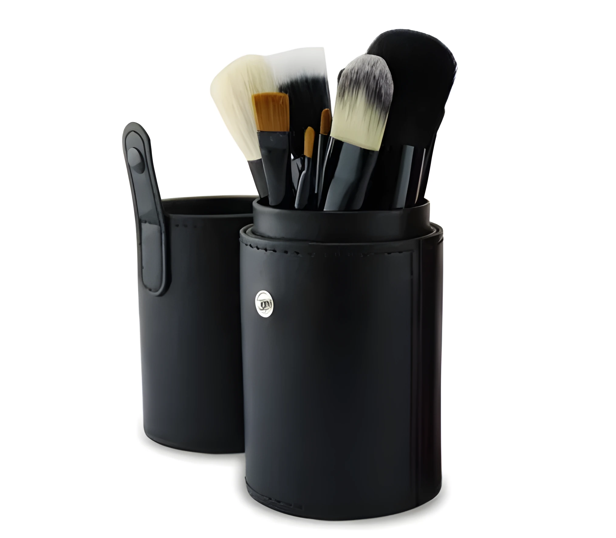 Niya Supply 12-piece makeup brush set in black PU cylinder with assorted wooden-handled brushes