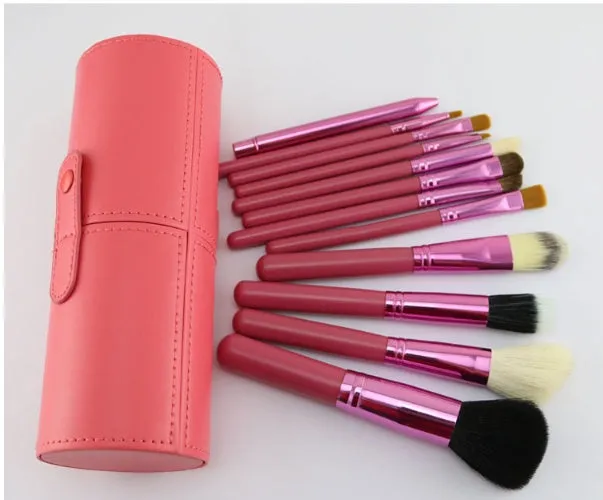 Niya Supply 12-piece makeup brush set in black PU cylinder with assorted wooden-handled brushes
