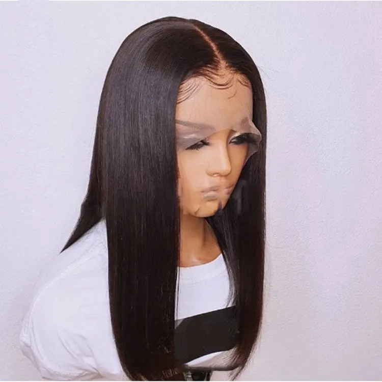 Women's front lace wig medium long straight black hair fully hand-woven synthetic