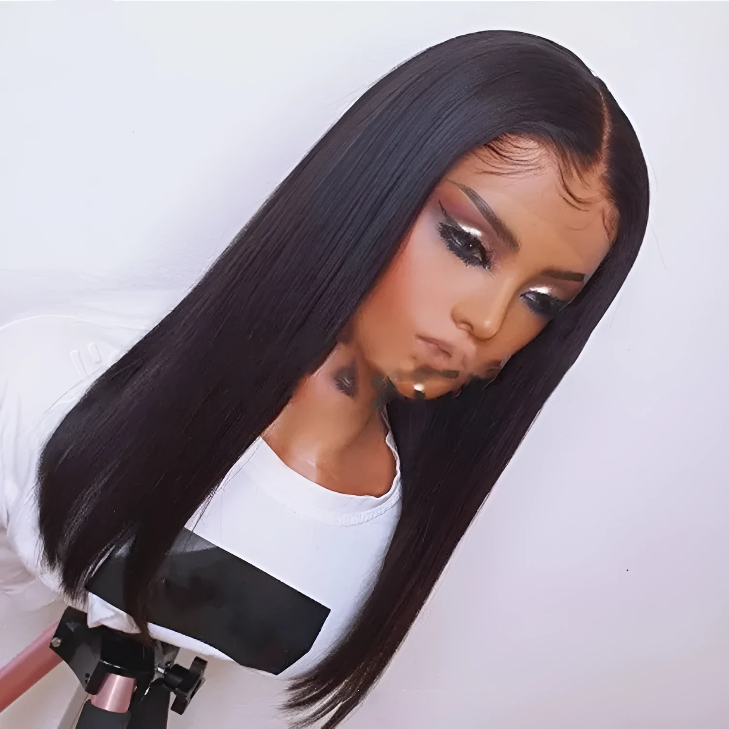 Women's front lace wig medium long straight black hair fully hand-woven synthetic