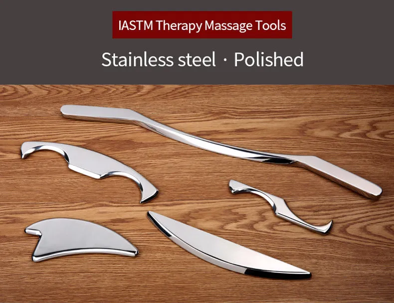 Set of five stainless steel IASTM therapy massage scrapers for fascia recovery in silver finish