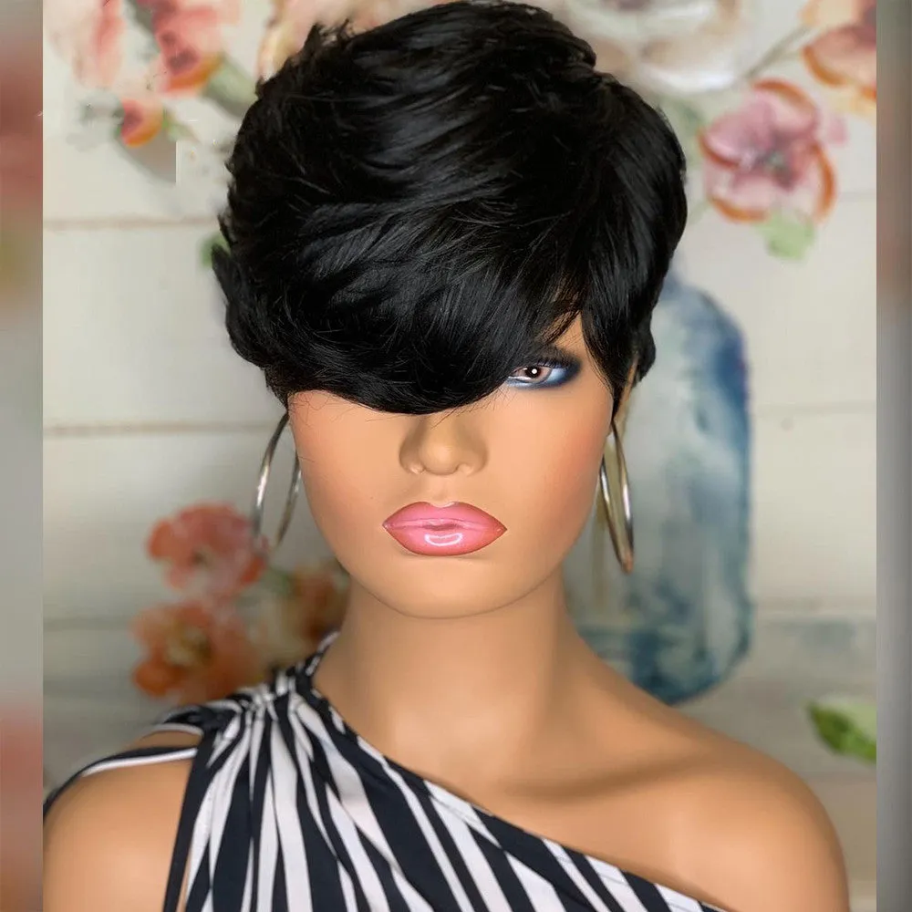 Black short fluffy straight hair wig with oblique bangs on a stand