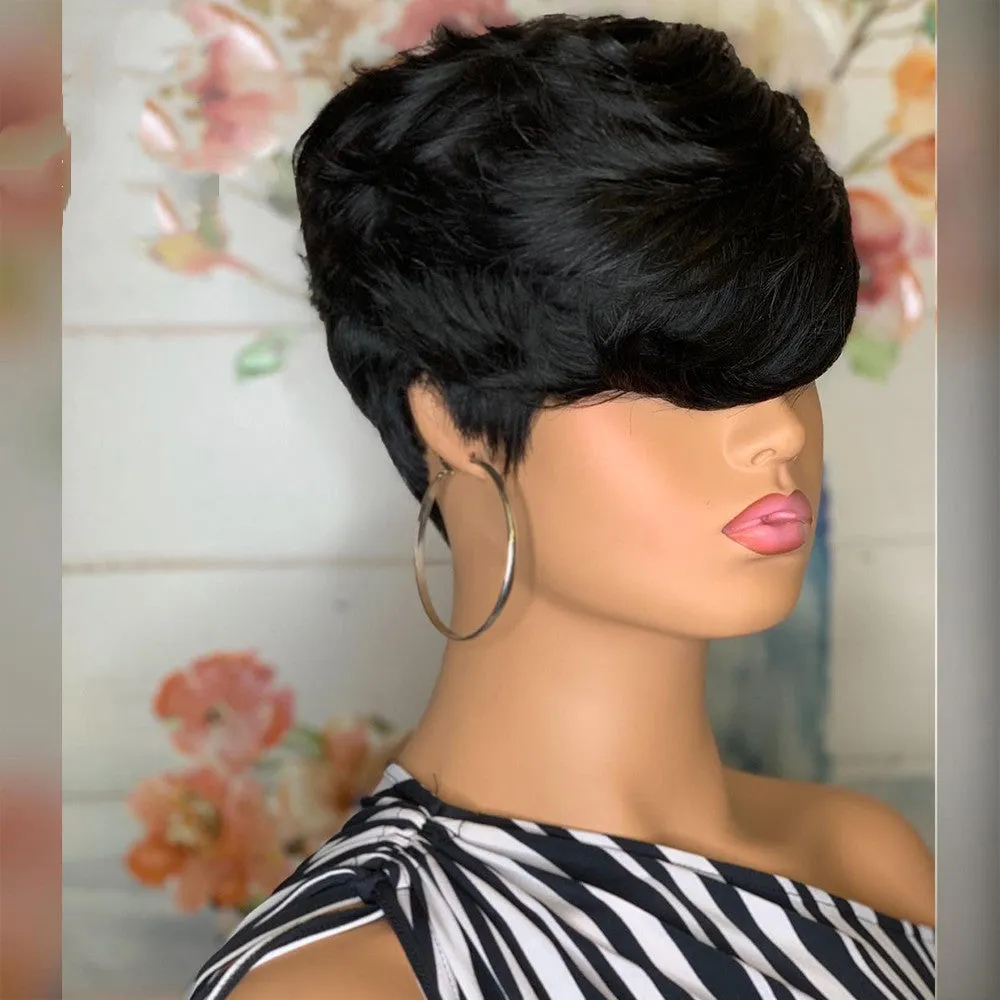 Black short fluffy straight hair wig with oblique bangs on a stand