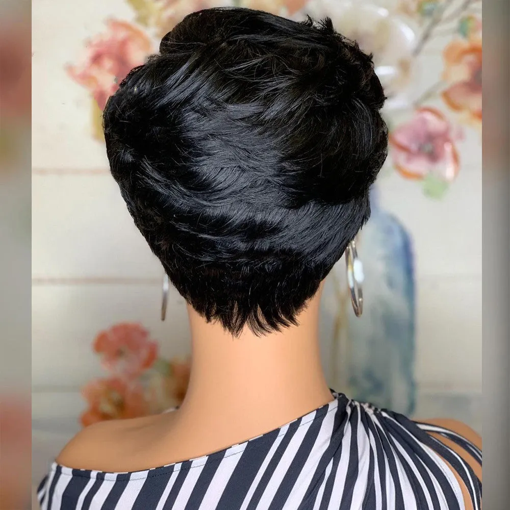 Black short fluffy straight hair wig with oblique bangs on a stand