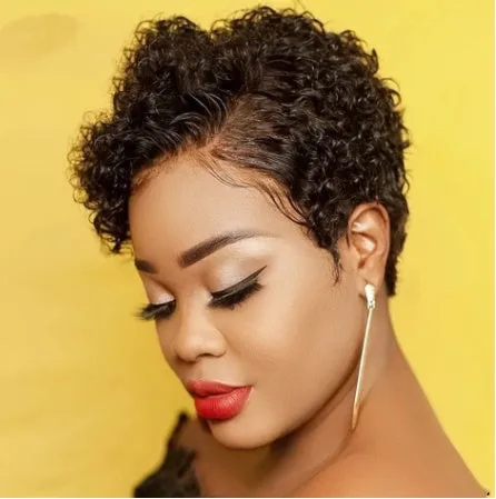 Black short curly African wig with small fluffy curls for women, Cassia Kani Karen material, machine-made style