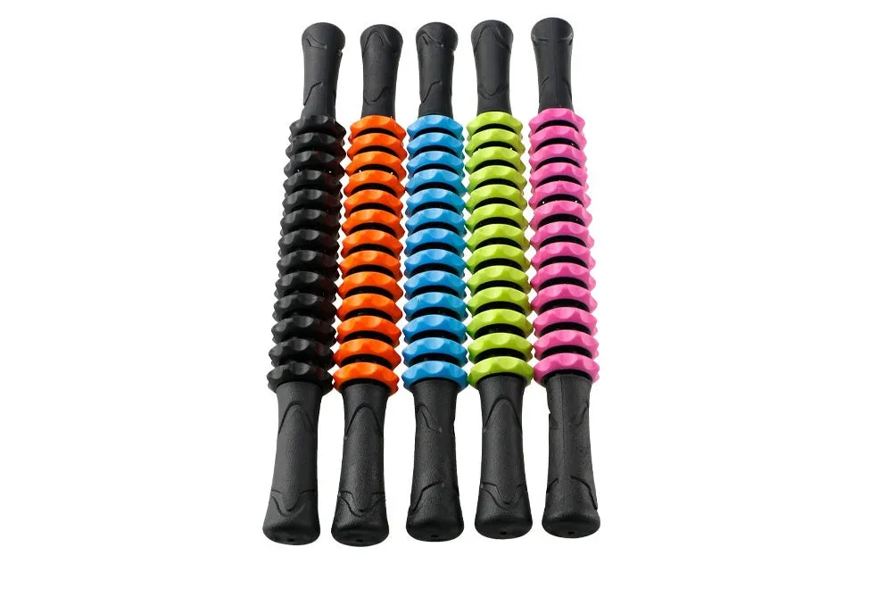 Manual yoga massage bar roller 14.6 x 430 mm in black with adjustable rolling parts and grip handles for muscle relief