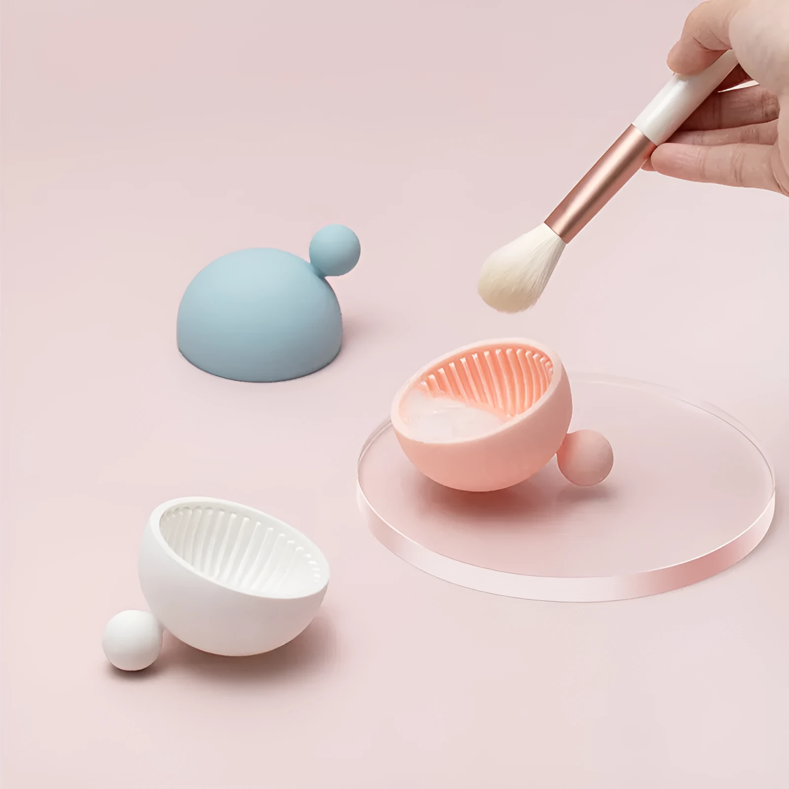 Silicone scrubbing tray for makeup brush cleaner in white pink and blue colours