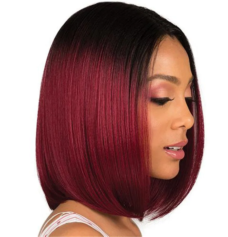 Women's short straight bobo wig black gradient burgundy high temperature wire long bangs wine red shade