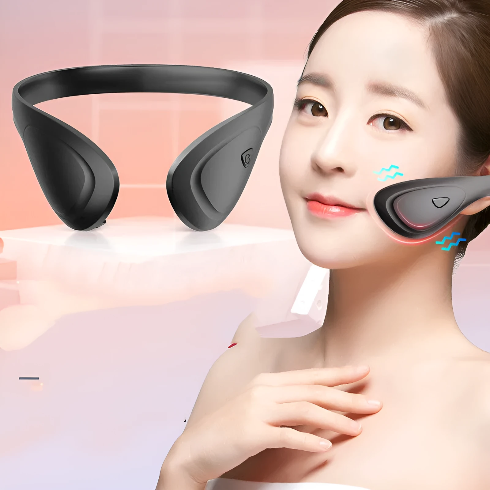 EMS face lifting device in black with head-wearing design, ABS and silicone build