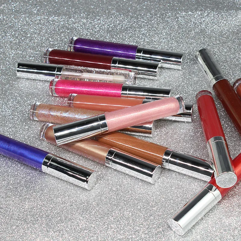 Pearl lip gloss logo-free round tube with moisturising clear lip oil, available in multiple colour styles