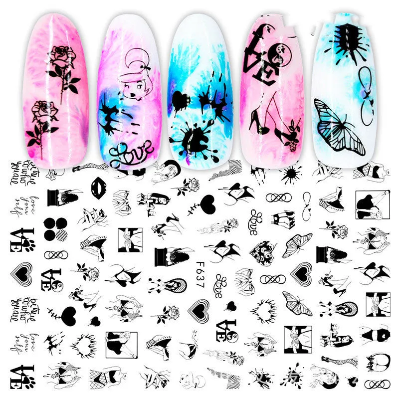 3D hot stamping nail stickers with black and white rose patterns on a hand model