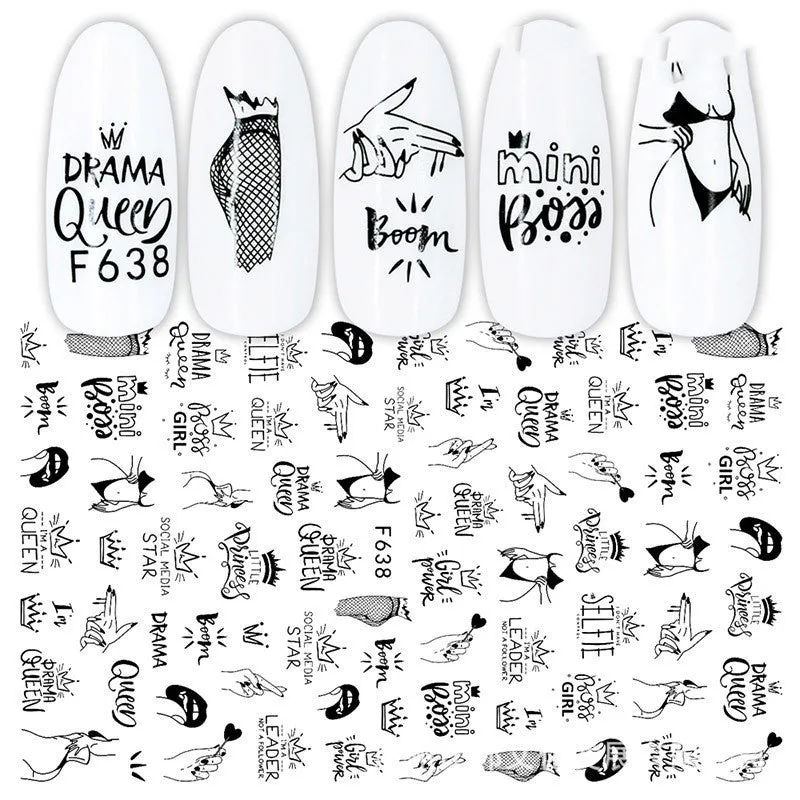 3D hot stamping nail stickers with black and white rose patterns on a hand model