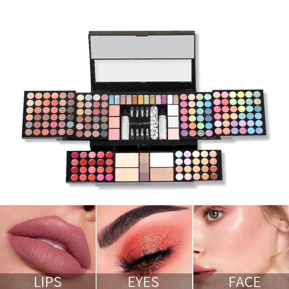 120 colour matte eye shadow palette in compact case with solid pink, purple, brown, and blue shades
