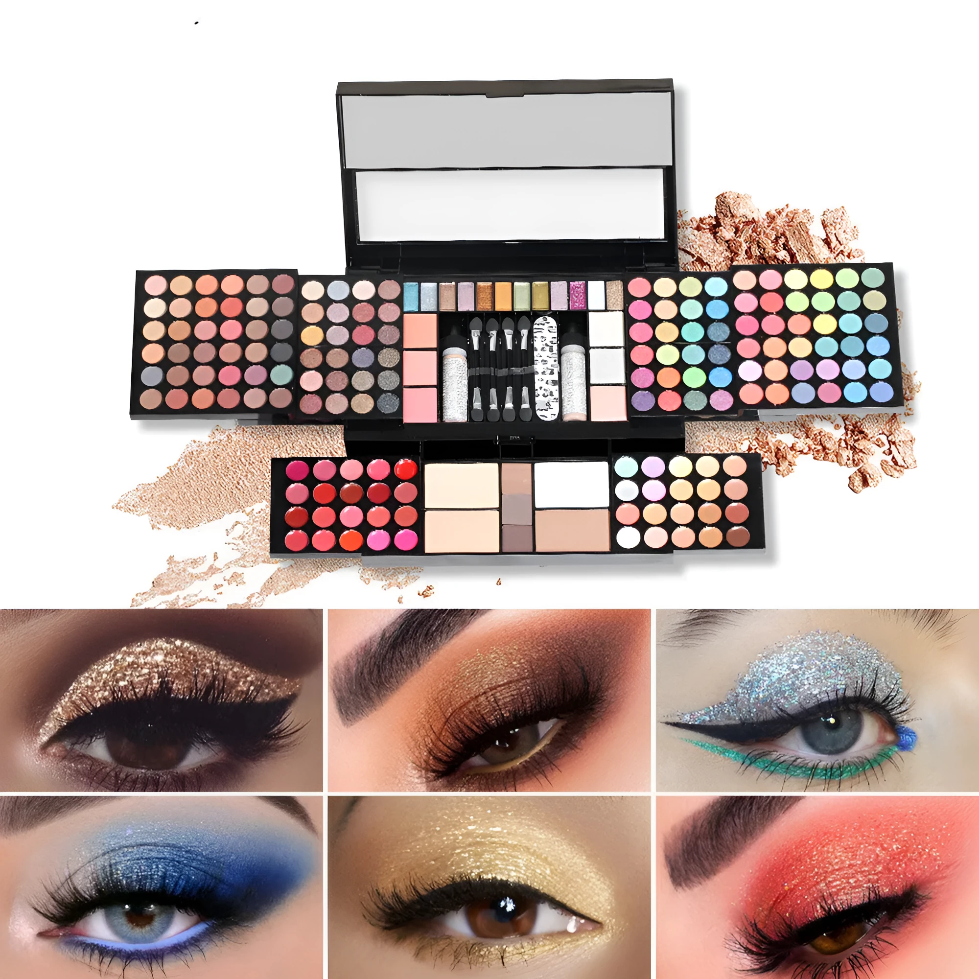 120 colour matte eye shadow palette in compact case with solid pink, purple, brown, and blue shades