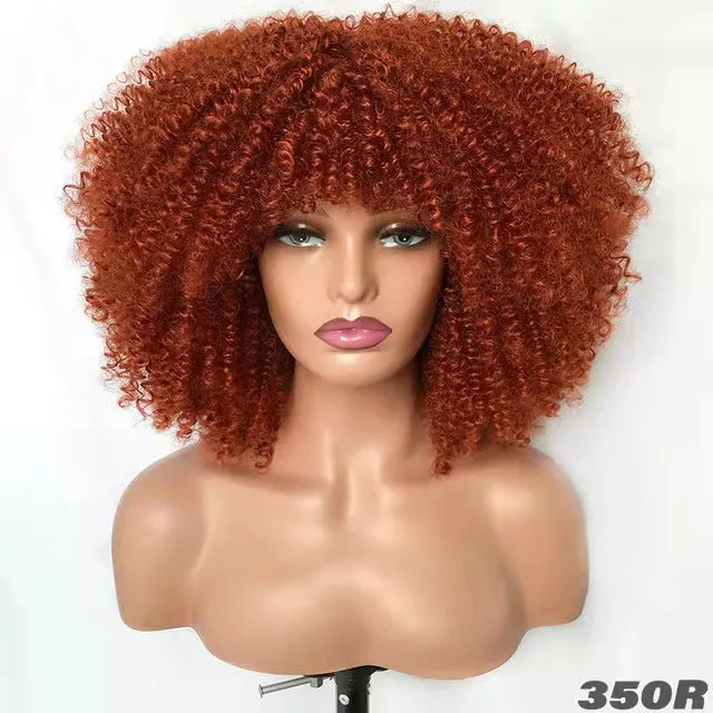 African small curly hair afro wig headgear in high temperature silk with bangs, colour 1B/30