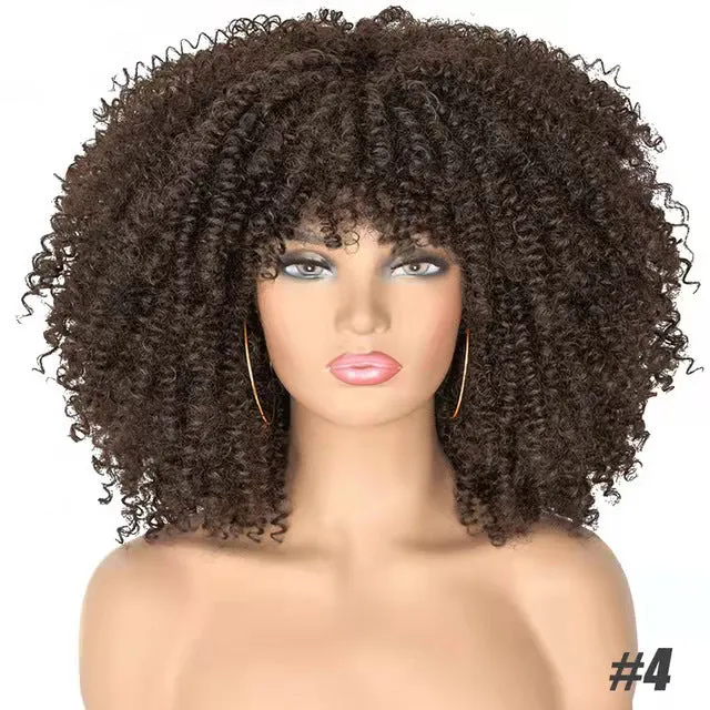 African small curly hair afro wig headgear in high temperature silk with bangs, colour 1B/30