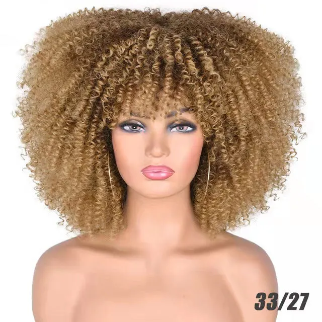 African small curly hair afro wig headgear in high temperature silk with bangs, colour 1B/30