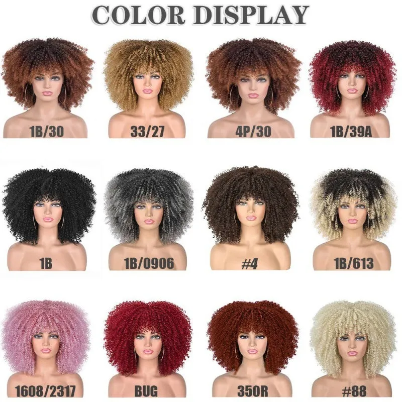 African small curly hair afro wig headgear in high temperature silk with bangs, colour 1B/30