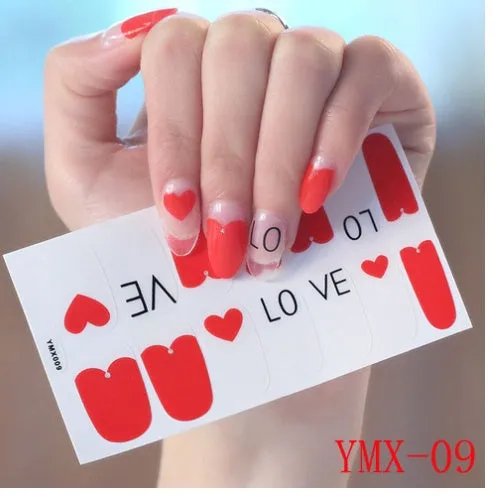 Full nail stickers set of 14 sheets showing 16 colour options in a flat lay arrangement