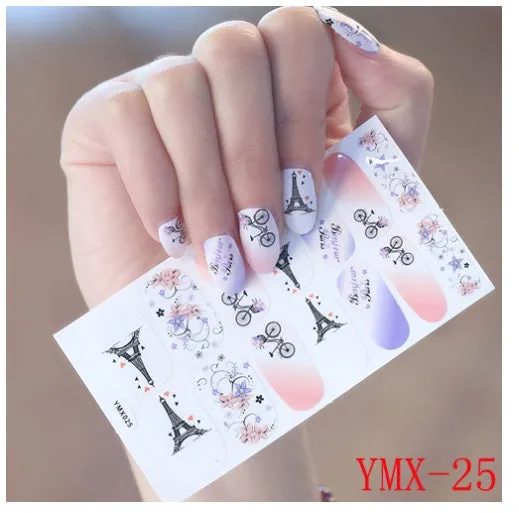 Full nail stickers set of 14 sheets showing 16 colour options in a flat lay arrangement