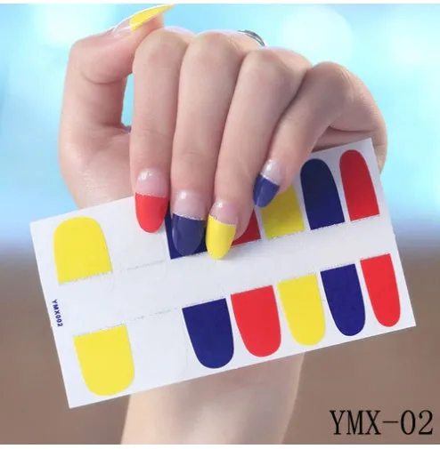 Full nail stickers set of 14 sheets showing 16 colour options in a flat lay arrangement
