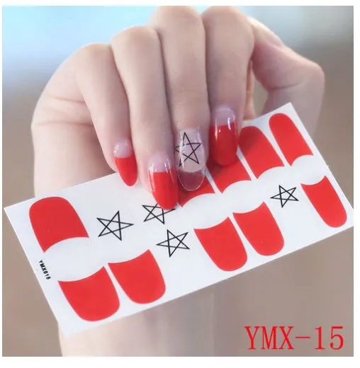 Full nail stickers set of 14 sheets showing 16 colour options in a flat lay arrangement