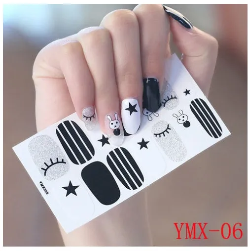 Full nail stickers set of 14 sheets showing 16 colour options in a flat lay arrangement