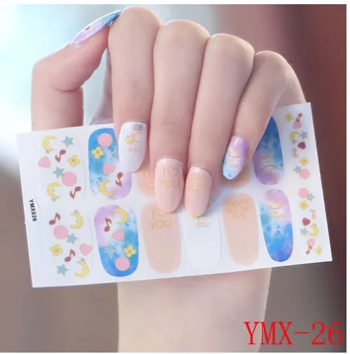 Full nail stickers set of 14 sheets showing 16 colour options in a flat lay arrangement