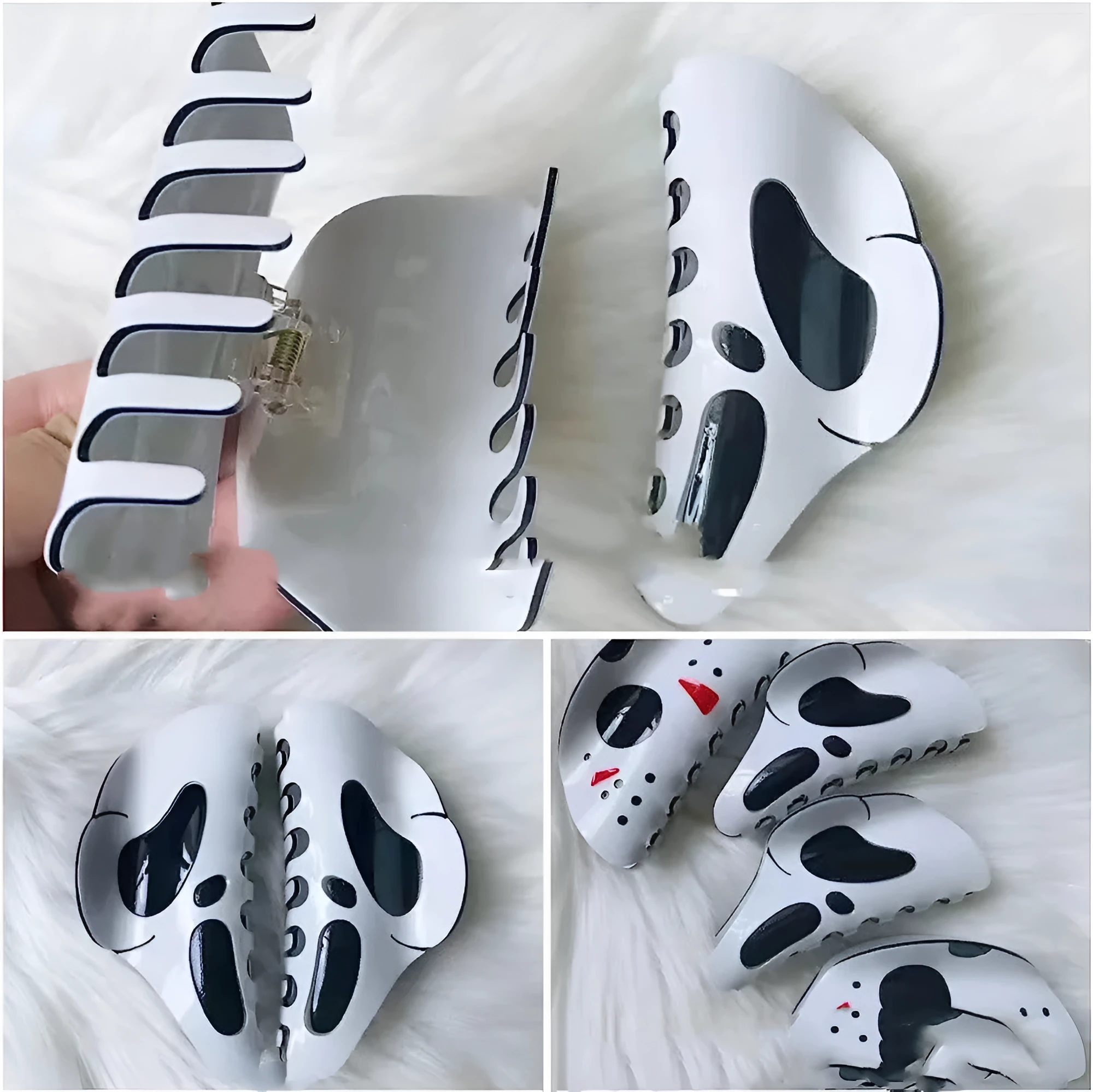 White plastic Halloween grimace barrette with 7 forks, 9.5x4x4.5cm, on white background