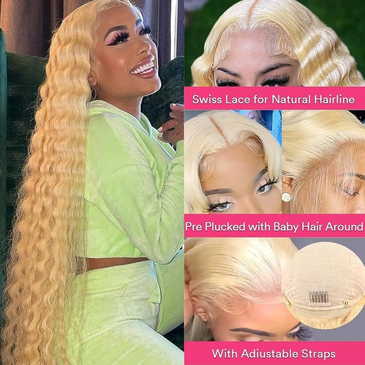 Front lace synthetic wig in gold colour with medium long curly hair on a mannequin head