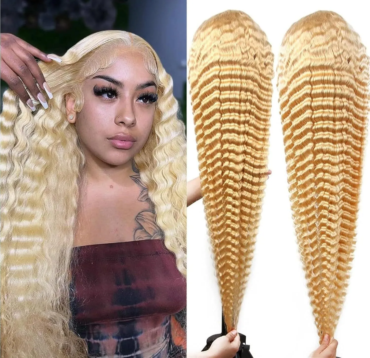 Front lace synthetic wig in gold colour with medium long curly hair on a mannequin head