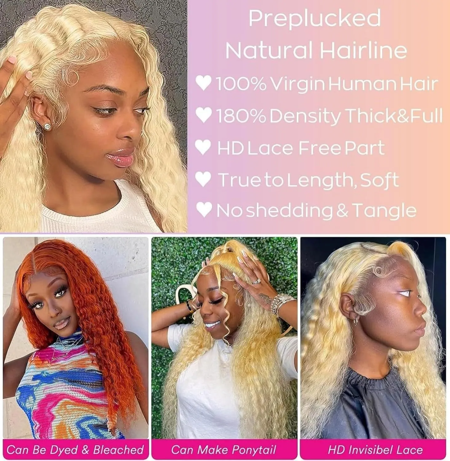 Front lace synthetic wig in gold colour with medium long curly hair on a mannequin head